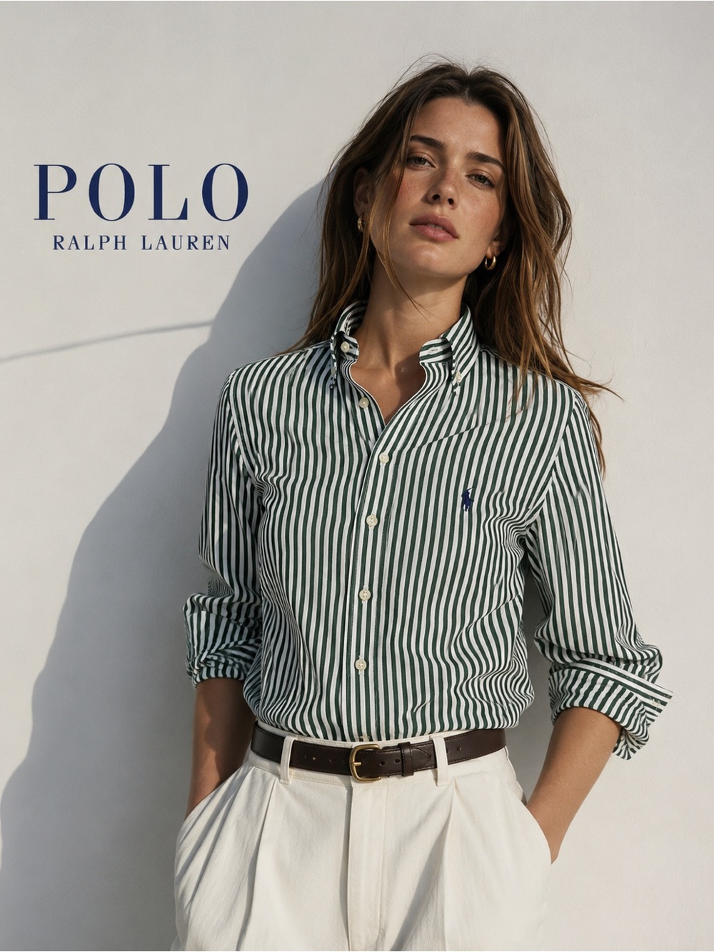 NWT Polo Ralph Lauren Dark Green & White Vertical Stripe Classic button-Down